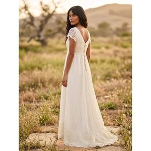 Vintage 1960s Ivory Lace Boho Wedding Dress XS Full Length Bridal Gown High Low